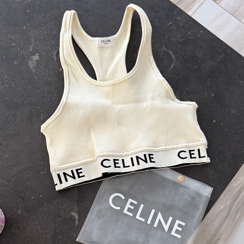 Celine Ivory Sports Bra with Logo Band